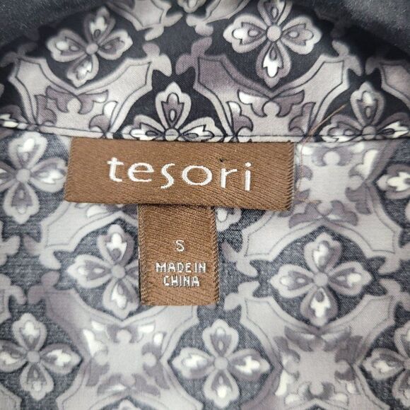 Tresori Silk Blouse Long Sleeve Spread Dagger Collar Button Up S Gray Retro 70s - Picture 12 of 12